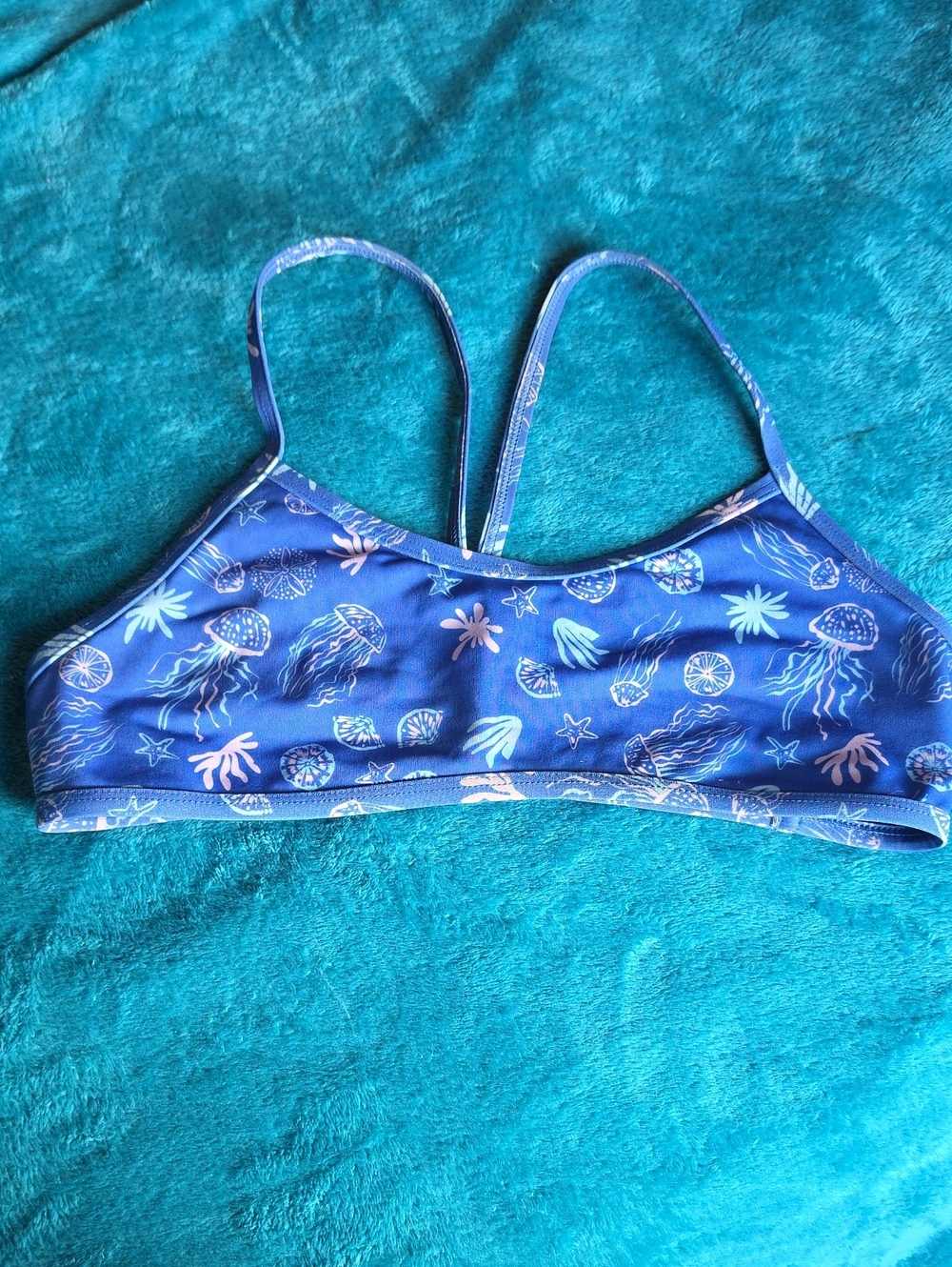 Jolyn Jocelyn Style Size Small Blue Bikini Top with Pink And White Ocean Accents